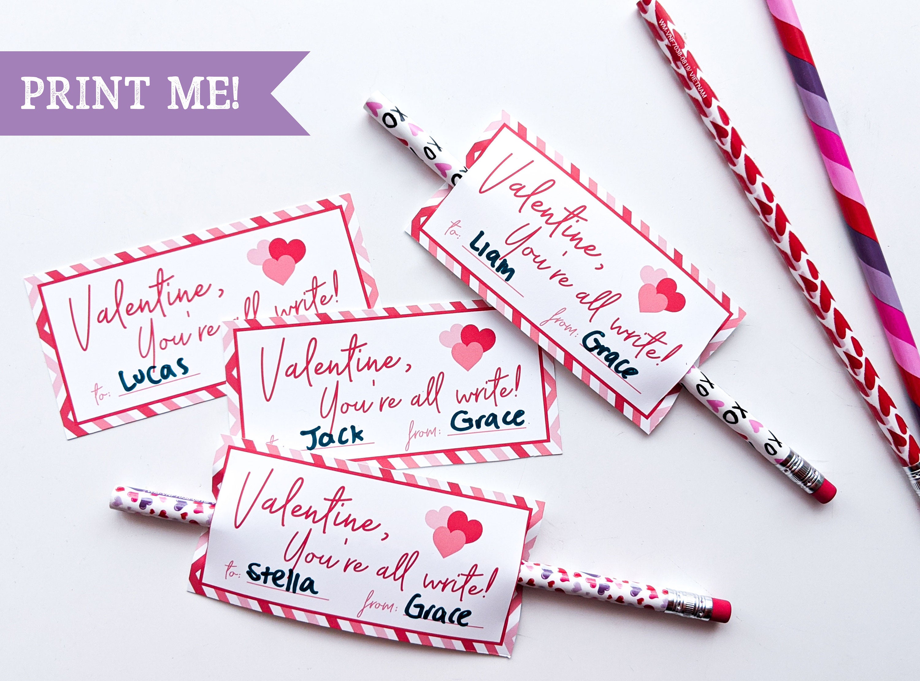 Printable Pencil School Valentine, DIY Printable Valentine, Pencil Holder  Printable, Kid's Valentine Card, Printable School Card 