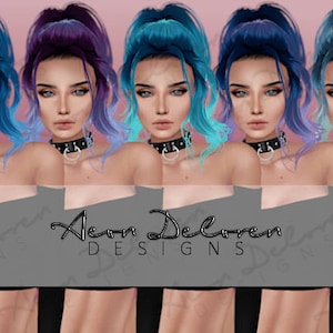 May include: A digital art image featuring a woman with various hairstyles in shades of purple, blue, and teal. Each style is a different color combination. The woman wears a black studded choker. The image includes the text "Aeon Deloren DESIGNS".