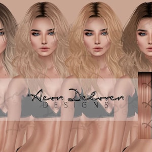 May include: Six different hair colors are shown on six female avatars. The hair is long and wavy. The avatars are wearing black bikini tops. The text "Aeon Deloren Designs" is displayed at the bottom of the image.