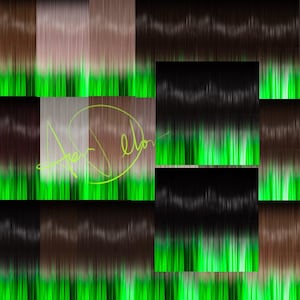 May include: Abstract digital art featuring various hair color swatches, including brown, black, and blonde, with a vibrant green base. The image has a grid-like composition and a neon green signature.
