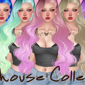 May include: Seven digital illustrations of women with long, wavy hair in different colors: red, blue, green, pink, blonde, light brown, and purple. The women are wearing black tank tops and blue jeans. The text "Dollhouse Collection" is at the bottom of the image.