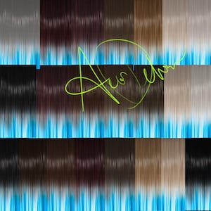 May include: A collage of hair swatches in various shades, including black, brown, blonde, and gray. The swatches are arranged in a grid pattern, with a neon green signature overlaying the center. The background features a blue and white striped design.