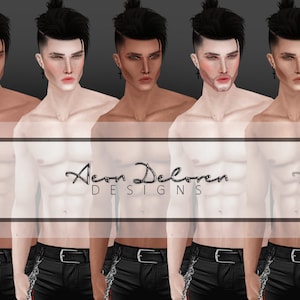 Könnte beinhalten: Eine Reihe von acht männlichen Avataren mit unterschiedlichen Hauttönen, alle tragen schwarze Hosen und einen schwarzen Gürtel mit silbernen Ketten. Die Avatare haben kurze schwarze Haare und schauen direkt in die Kamera. Der Text "Aeon Deloren Designs" wird unter den Avataren angezeigt.