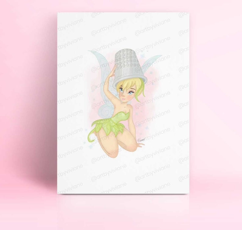 Pastel Colors for Wall Art Tinkerbell with Thimble Illustration Fine Art Quality Print Multiple Sizes