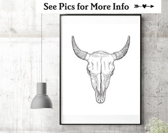 Drawn Bull Skull Print, Choose Your Colors, Bohemian Decor, Living Room Wall Art, Cow Horn Print, Skull Decor, Bull Print, Boho Decor