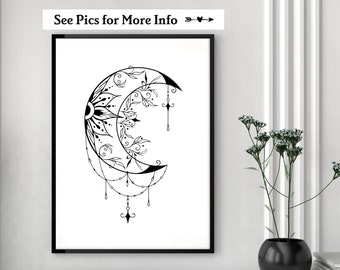 Bejeweled Flower Moon Wall Art, Choose Your Colors, Crescent Moon Print, Flower Moon Decor, Living Room Wall Art, Crescent Moon Wall Decor