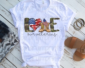 Love Our Veterans PNG: Camo Boots, American Flag Heart (Sublimation Design)