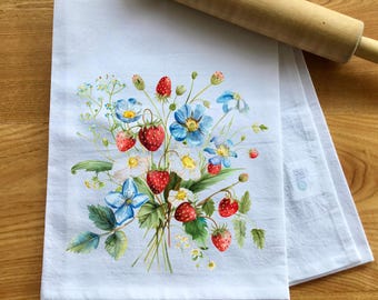 Strawberry Floral Flour Sack Towel, Summer Kitchen Decor, 100% Cotton