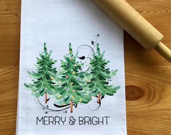 Christmas Tree Flour Sack Towel, Merry and Bright Tea Towel, Christmas Kitchen, Christmas Gift, Gift for Her, Merry and Bright, Dish Towel
