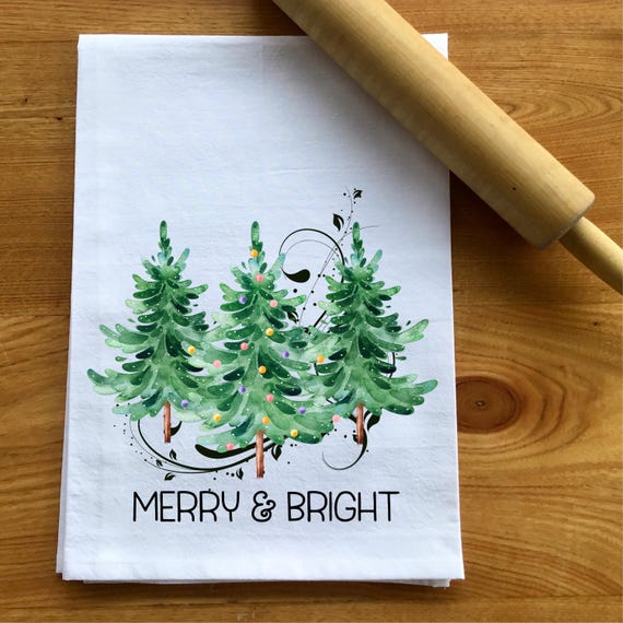 Christmas Tree Flour Sack Towel, Merry and Bright Tea Towel, Christmas Kitchen, Christmas Gift, Gift for Her, Merry and Bright, Dish Towel