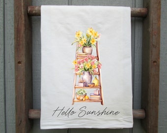 Hello Sunshine Flour Sack Towel, Kitchen Decor, Spring Kitchen Towel, Spring Flowers Kitchen Towel, Kitchen Gift, Flowers Tea Towel