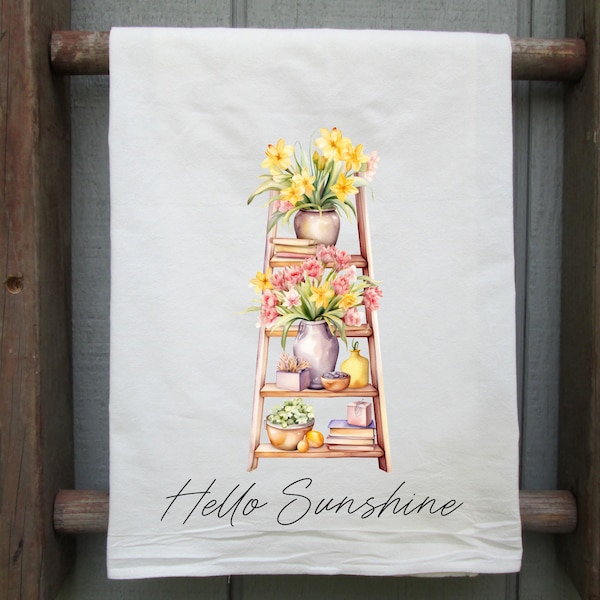 Hello Sunshine Flour Sack Towel, Kitchen Decor, Spring Kitchen Towel, Spring Flowers Kitchen Towel, Kitchen Gift, Flowers Tea Towel