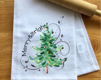 Christmas Towel, Flour Sack Towel, Merry and Bright Tea Towel, Christmas Kitchen Gift, Christmas Gift, Gift for Mom, Gift for Grandma