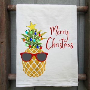 Pineapple Christmas Tree Flour Sack Towel, Tropical Holiday Kitchen Decor