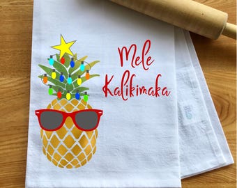 Mele Kalikimaka Pineapple Tree Kitchen Towel, Christmas Flour Sack Towel, Christmas Kitchen Decor, Hawaiian Christmas, Tropical Christmas