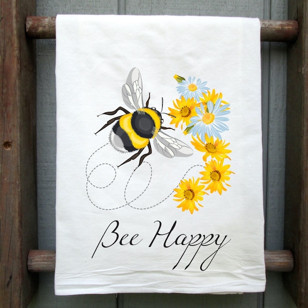 Bee Happy Flour Sack Towel, Kitchen Decor, Spring Kitchen Towel, Country Kitchen Towel, Kitchen Gift, Daisy Tea Towel, Bumble Bee Towel