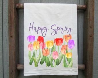 Happy Spring Flour Sack Towel, Kitchen Decor, Spring Kitchen Towel, Spring Tulip Kitchen Towel, Kitchen Gift, Spring Flowers Tea Towel