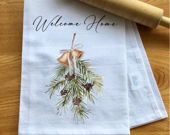 Welcome Home Christmas Flour Sack Towel, Pine Cone Wreath