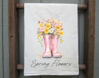 Spring Flowers Flour Sack Towel, Kitchen Decor, Spring Kitchen Towel, Spring Kitchen Towel, Kitchen Gift, Flowers in Boots
