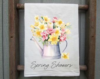 Spring Showers Flour Sack Towel, Kitchen Decor, Spring Kitchen Towel, Spring Towel, Kitchen Gift, Flowers in Watering Can, Spring Flowers