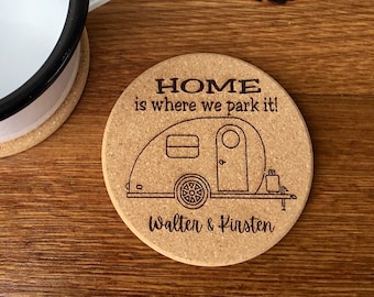 Teardrop Camper Cork Coaster, Personalized Coaster, Teardrop Camper Accessory, Camping Coaster, Gift for Camper, Home Is Where We Park It