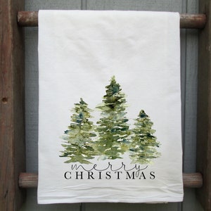 Christmas Tree Flour Sack Towel, Merry Christmas Tea Towel, Christmas Kitchen, Christmas Gift, Christmas Decor, Watercolor Christmas Trees