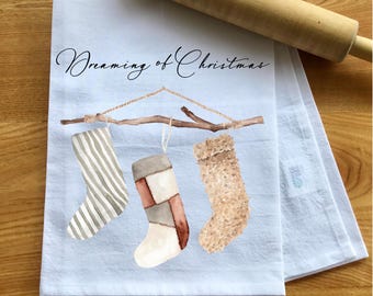 Boho Christmas Stockings Flour Sack Towel, Holiday Kitchen Decor