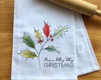Watercolor Holly Jolly Christmas Flour Sack Towel, Kitchen Decor