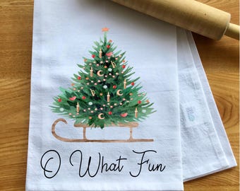 Watercolor Christmas Tree Sleigh Flour Sack Towel, Hostess Gift