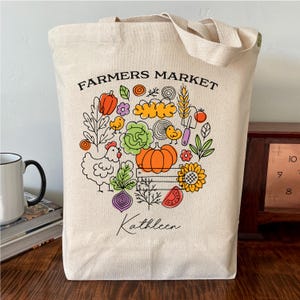 May include: A white canvas tote bag with a colorful illustration of farm produce, a chicken, and the text "Farmers Market" and "Kathleen".