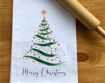 Abstract Christmas Tree Flour Sack Towel, Christmas Tree Kitchen Towel, Merry Christmas, Christmas Kitchen Gift, Dish Towel
