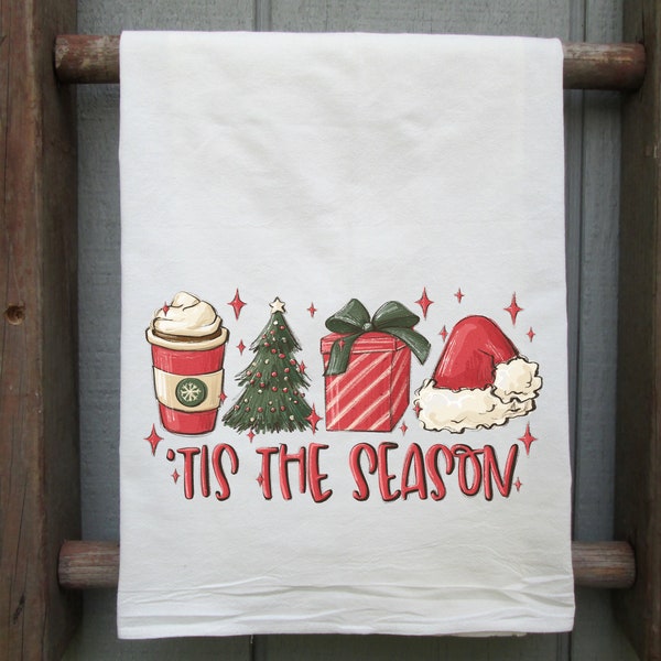 Christmas Flour Sack Towel, Tis The Season, Christmas Tea Towel, Christmas Kitchen Decor, Christmas Gift, Christmas Coffee, Christmas Tree