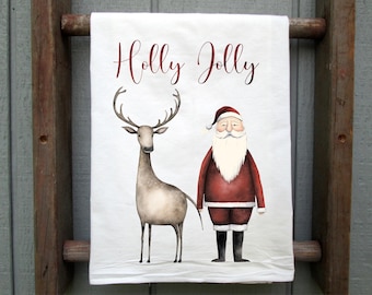 Santa and Reindeer Flour Sack Christmas Kitchen Towel, Holly Jolly