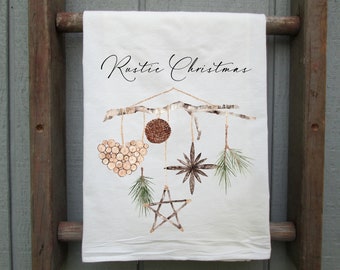 Rustic Christmas Flour Sack Towel, Holiday Kitchen Decor