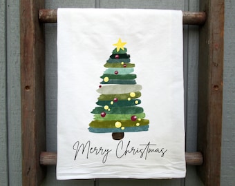 Watercolor Christmas Tree Flour Sack Towel: Holiday Kitchen Decor