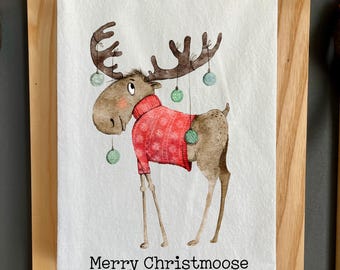 Merry Christmoose Flour Sack Towel, Christmas Moose, Whimsical Christmas Kitchen Gift, Dish Towel, Cabin Decor