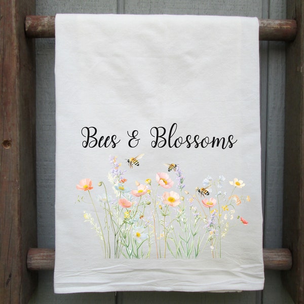 Spring Flour Sack Towel, Bees and Blossoms, Honey Bee Towel, Kitchen Decor, Spring Kitchen Towel, Kitchen Gift, Spring Flowers with Bees