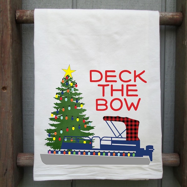 Pontoon Boat Flour Sack Towel, Christmas Boat, Christmas Pontoon Boat, Cabin Kitchen Decor, Christmas Kitchen Decor, Christmas at the Lake