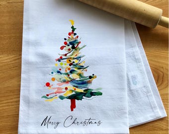 Abstract Christmas Tree Flour Sack Towel, Watercolor Christmas Tree Kitchen Towel, Merry Christmas, Christmas Kitchen Gift, Dish Towel