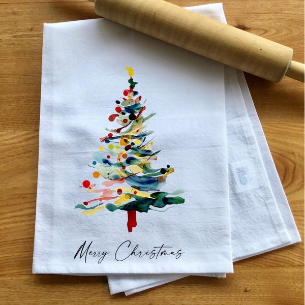 Abstract Christmas Tree Flour Sack Towel, Watercolor Christmas Tree Kitchen Towel, Merry Christmas, Christmas Kitchen Gift, Dish Towel