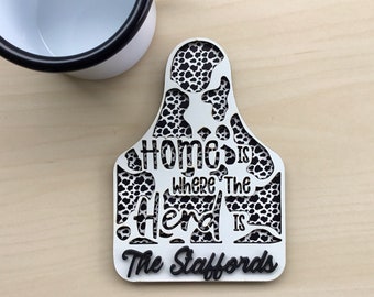 Personalized Magnet, Home Is Where the Herd Is Magnet, Cow Ear Tag, Personalized Gift, Dairy Cow, Cow Lover, Kitchen Refrigerator Magnet