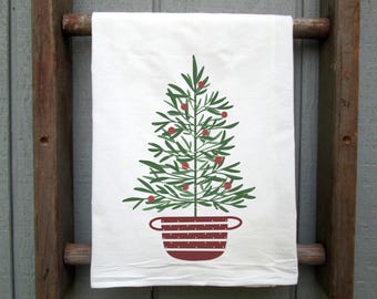 Potted Christmas Tree Flour Sack Towel, Holiday Kitchen Decor