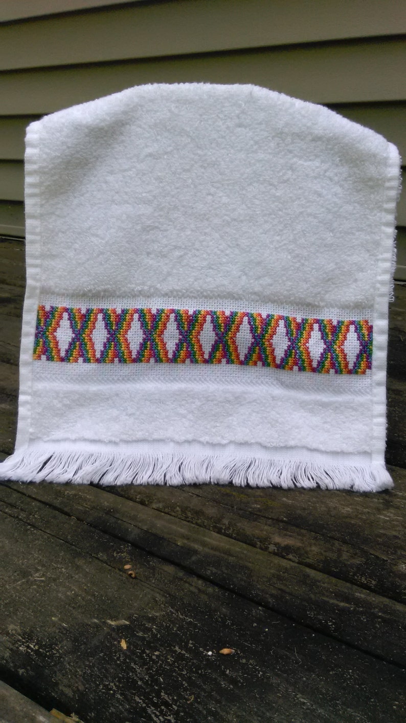 Hand Stitched Counted Cross Stitch Hand Towel/rainbow Pattern Etsy