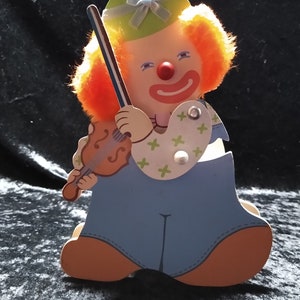 Vintage Wood Clown With Violin Moving Music Box/ Enesco 1984