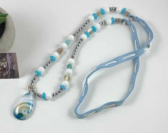 Handmade Baby Blue, White, and Silver Bead Faux Suede Leather Strap Necklace with Beautiful Swirl Agate Teardrop Pendant/Hot Gift!!!