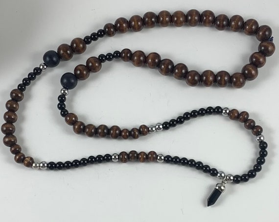 Handmade Wood, Glass, and Black Onyx Bead Necklace/Handcrafted Bead Necklace with Natural Onyx Pendant/Hot Gift!