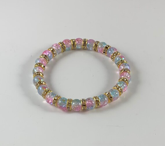 Handmade Beautiful Blue and Pink Crackle Glass and Gold Rhinestone Rondelle Bead Elastic Stretch Bracelet/Blue and Pink Crackle Bracelet!!!!