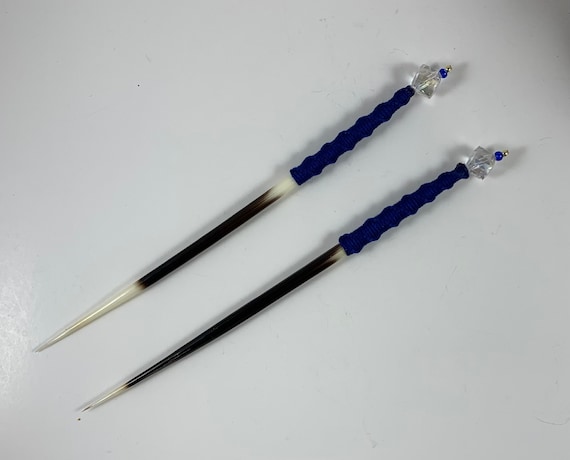 2-Handmade Navy Blue (8"Inch Long and Fat) Porcupine Quill Bamboo Wrapped Crystal Hair Sticks Set/Navy Blue Crystal Quill Hairpins Set/Hot!!