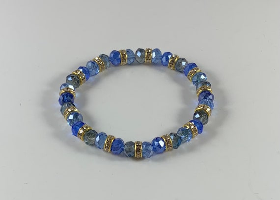 Handmade Beautiful Mixed Blue Crystal Glass and Gold Rhinestone Rondelle Bead Elastic Stretch Bracelet/Blue Crystal Glass Stretch Bracelet!!