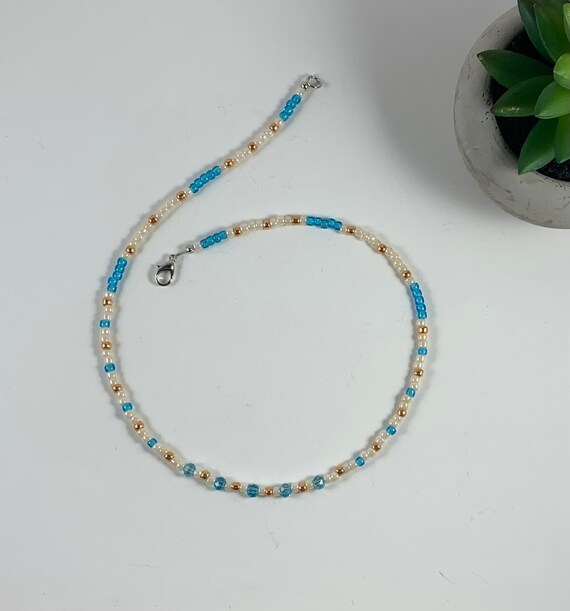 Handmade Transparent Blue, Beige, Copper and Blue Crystal Seed Bead Necklace/Handcrafted Unique Beige, Copper, and Blue Seed Bead necklace!!